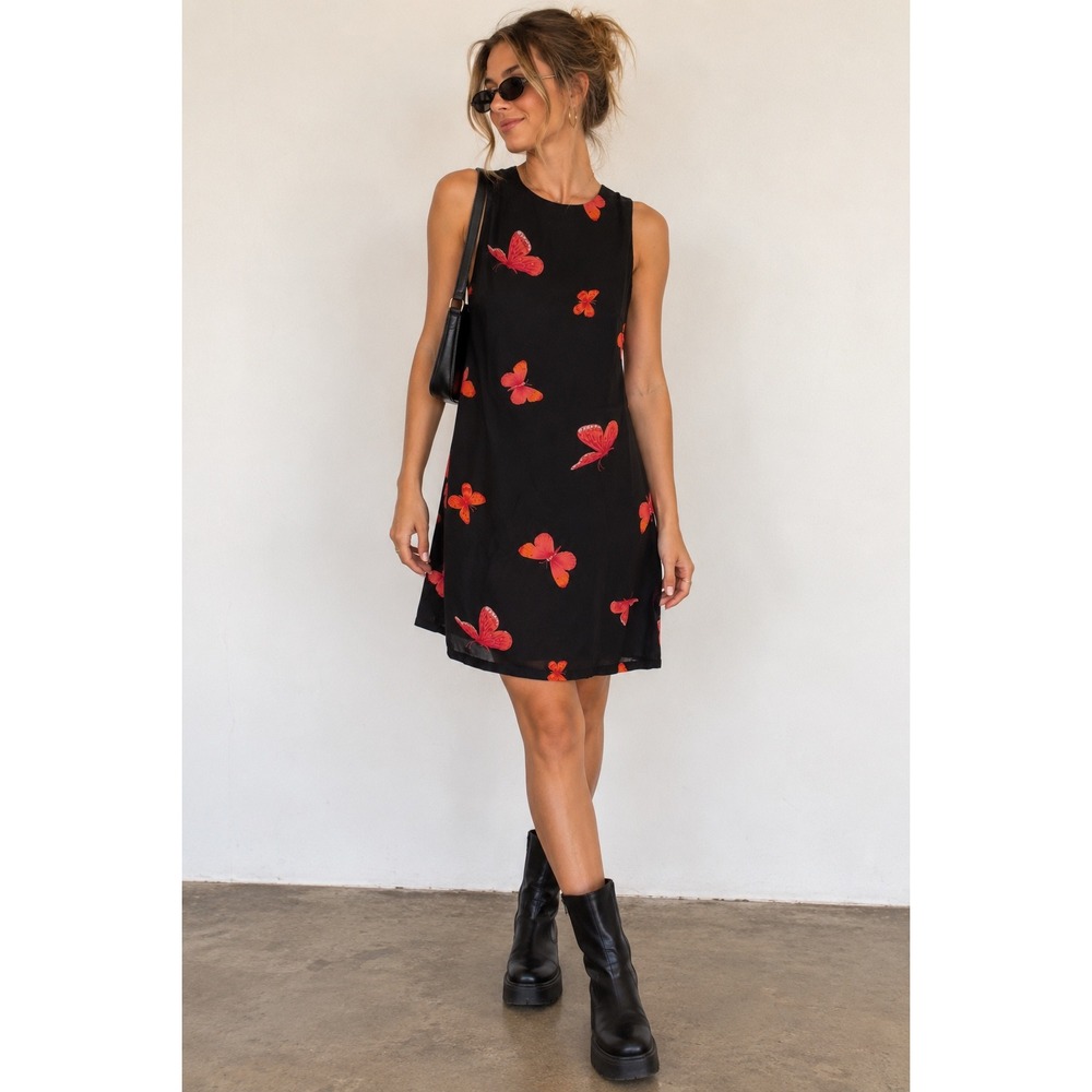 Vintage Positive Attitude Black Red Butterfly Print Sleeveless Mini Shift Dress